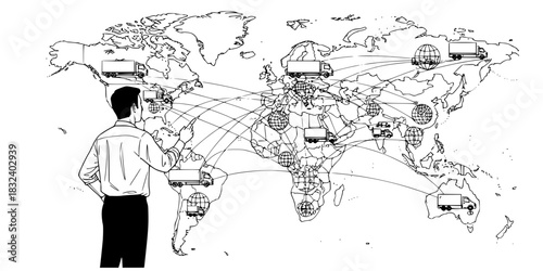 Supply chain manager man planning global logistics network vector illustration