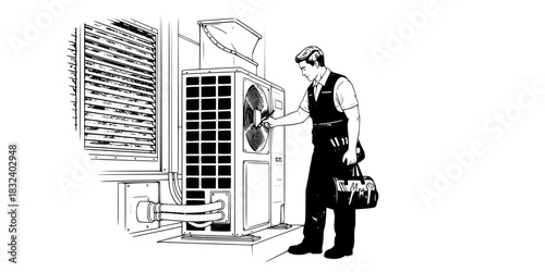 HVAC technician man repairing outdoor air conditioning unit vector icon