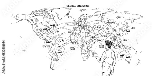 Supply chain manager man planning global logistics network vector illustration