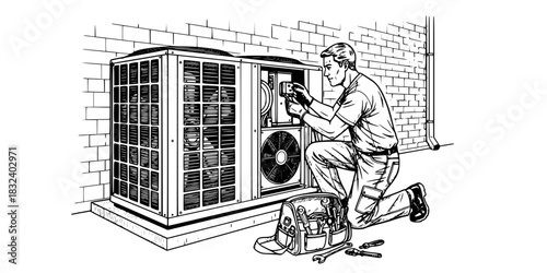 HVAC technician man repairing outdoor air conditioning unit vector icon