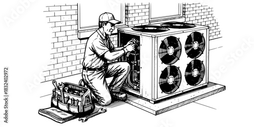 HVAC technician man repairing outdoor air conditioning unit vector icon