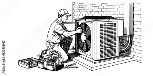 HVAC technician man repairing outdoor air conditioning unit vector icon