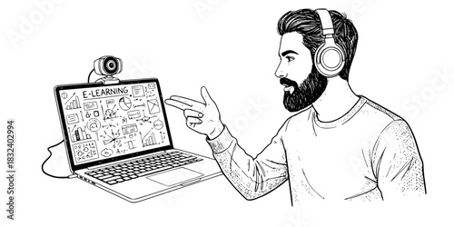 Online tutor man teaching via laptop webcam with virtual whiteboard vector illustration