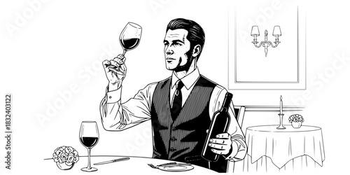 Sommelier man inspecting wine glass and bottle in restaurant vector icon