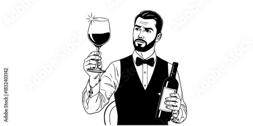 Sommelier man inspecting wine glass and bottle in restaurant vector icon