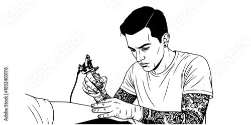 Tattoo artist man working with machine on client arm vector icon