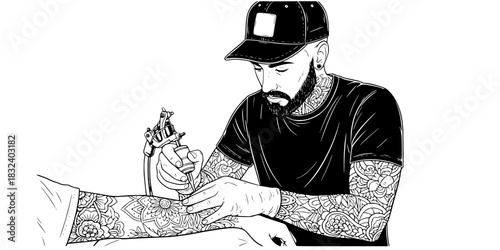 Tattoo artist man working with machine on client arm vector icon