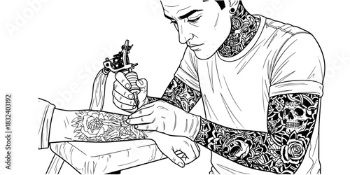 Tattoo artist man working with machine on client arm vector icon