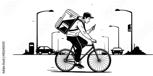 Urban bicycle courier man on bike checking phone delivery vector icon