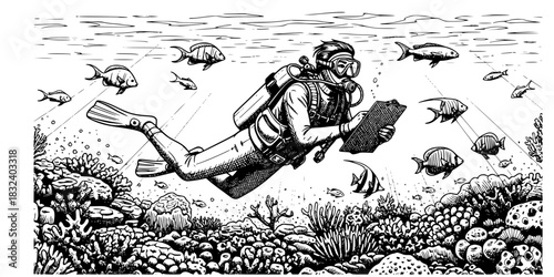 Marine biologist man diving underwater for research vector illustration