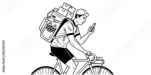 Urban bicycle courier man on bike checking phone delivery vector icon