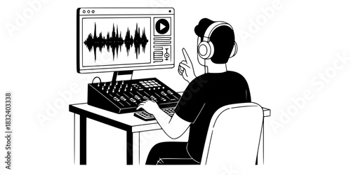 Podcast producer man editing audio waveform at studio desk vector illustration