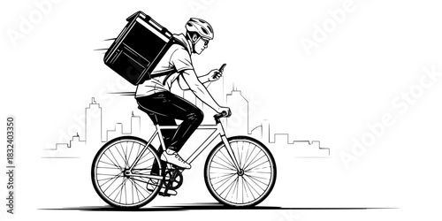 Urban bicycle courier man on bike checking phone delivery vector icon