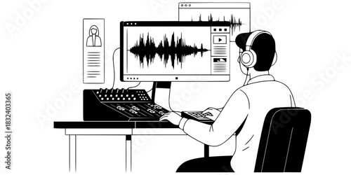 Podcast producer man editing audio waveform at studio desk vector illustration