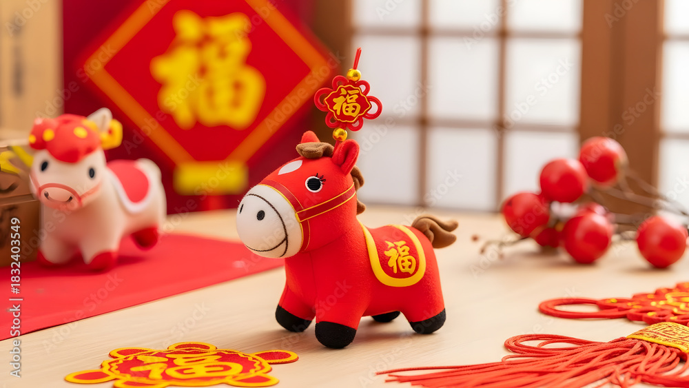 Obraz premium Festive Chinese New Year Decorations with Red Horse Figurine