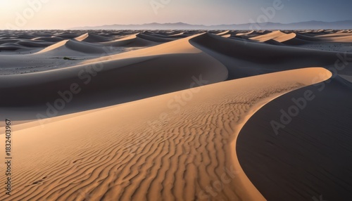 Fototapeta Naklejka Na Ścianę i Meble -  Golden light illuminates vast desert sand dunes