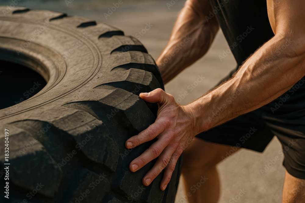 Obraz premium Muscle and Momentum: A determined athlete harnesses strength to push a massive tire, embodying the essence of physical exertion and human resilience.