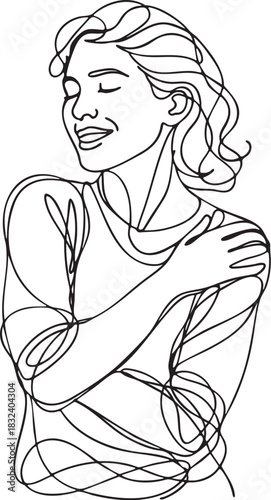 Continuous line artwork of a woman holding herself gently expressing self love warmth tenderness peace and comfort