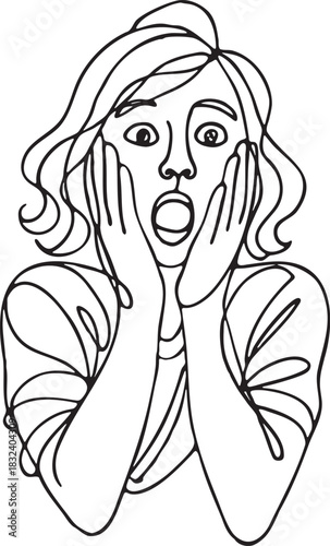 Abstract continuous line drawing of a shocked surprised woman holding her face expressing shock surprise disbelief alarm and astonishment
