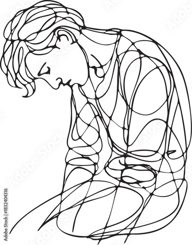 Abstract continuous line illustration of a sad slumped man expressing sadness hopelessness exhaustion sorrow and discouragement