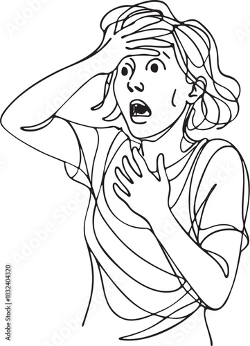 Continuous line illustration of an alarmed woman touching forehead expressing fear shock worry panic and disbelief