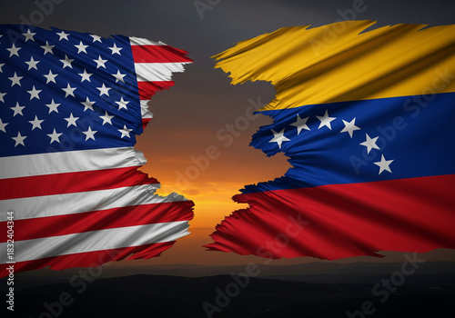 A dramatic {oil paintingdigital illustration} of Venezuela's national flag violently tearing through the American flag, with {stormy sunset lightingmidnight battlefield glow}, symbolic tension emphasi