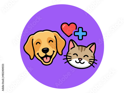 Cute cartoon dog and cat faces with heart and plus symbol inside a purple circle on a white background symbolizing animal health and care vector illustration
