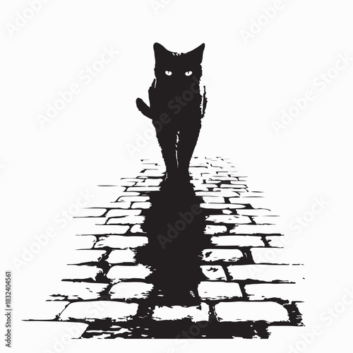 Stray Cat Walking on Urban Roadside Silhouette Vector on White Background