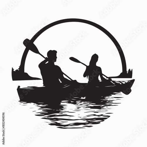 Couple Kayaking Silhouette on River Silhouette Vector Design