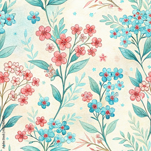 Watercolor seamless pattern featuring pink and blue spring blossoms with teal leaves on a textured cream background