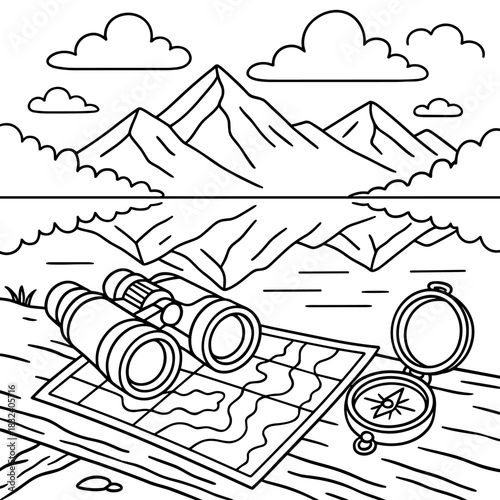 Mountain Exploration: A black-and-white illustration of essential tools for navigating the majestic mountains, with binoculars, map, and compass, promising a journey of discovery and adventure.