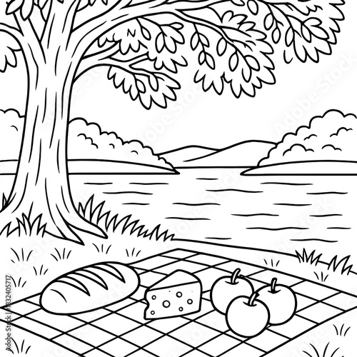 Peaceful Picnic Scene: A serene outdoor scene captures a leisurely picnic setup under a grand tree near the calm lake. A simple meal of bread, cheese, and apples rests on a checkered blanket.