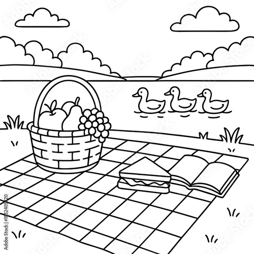 Picnic Scene: A serene outdoor scene captures a picnic setting featuring a basket overflowing with fresh fruit, a sandwich, and an open book, enhanced by a scenic view. 