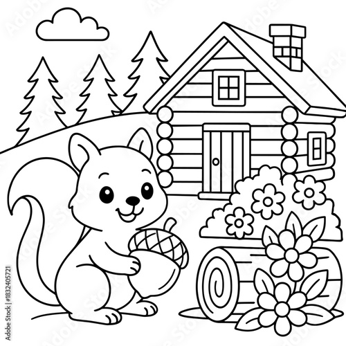 Charming Squirrel and Cozy Cabin: A delightful black and white illustration depicts a charming squirrel holding an acorn, standing before a cozy cabin nestled amidst natural elements.