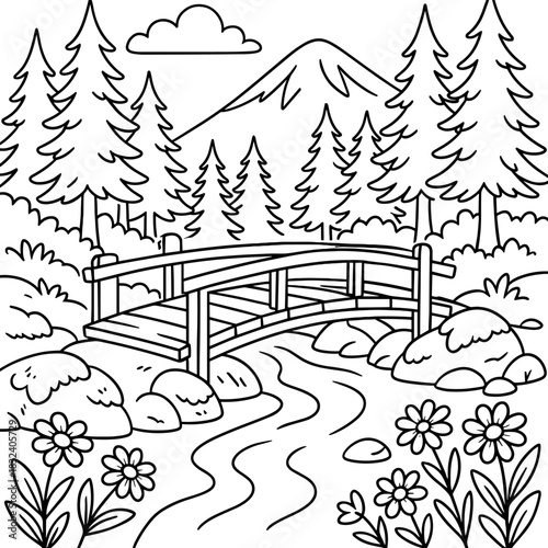 Tranquil Forest Scene: An artistic illustration of a wooden bridge gracefully spanning a gentle stream, surrounded by lush trees, blooming flowers and a majestic mountain, creating a peaceful scene.