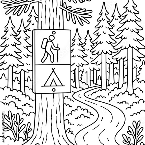 Hiking Trail Sign: A stylized trail sign within a natural environment provides information for hikers, guiding them on their journey. The illustrated symbols communicate essential details.