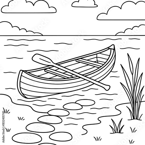 Canoe at the Shore: A solitary canoe rests peacefully by a serene shoreline, complete with paddle. The tranquil scene is completed by clouds, water, and stones that lead to the canoe. 