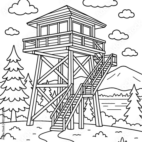 Sentinel of the Wilderness: A detailed black and white illustration of a fire lookout tower standing tall amidst a scenic landscape, a symbol of vigilance and protection. 