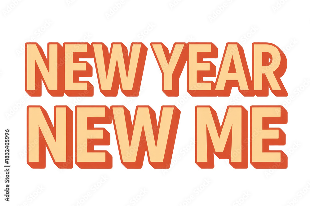 Fototapeta premium Bold 'NEW YEAR NEW ME' text in retro peach and reddish-orange, featuring a 3D effect on a dark transparent background, perfect for resolutions. background removed