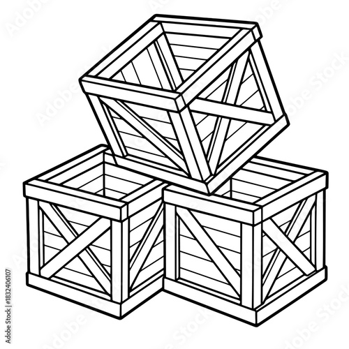 Wooden Crates: Three sturdy wooden crates artfully arranged, creating a visual symphony of geometric shapes and rustic charm.