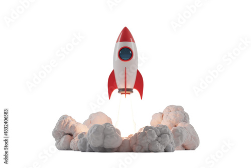 A vibrant 3D cartoon-style rocket launches skyward with a bright fiery exhaust and voluminous smoke, symbolizing startup, growth, or innovation. background removed