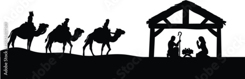 Nativity scene silhouette illustration, Christmas theme, holy family, Three Wise Men, religious art, vector graphic, spiritual, night, worship
