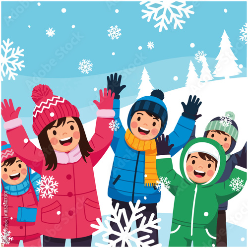 Children joyfully playing in the snow, raising their arms to catch falling snowflakes on a winter day.