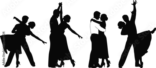 Set of Four Pairs of Black Silhouette Dancers Performing Ballroom, Latin, and Salsa Dance Styles; Elegant Couples, Social Event, and Professional Dance Choreography Vector.