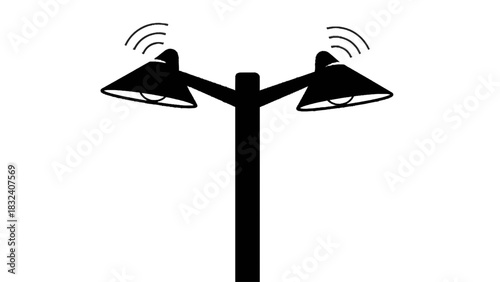 Vector illustration of black silhouette icon of a street lamp post with two lights emitting sound wave signal isolated on transparent background