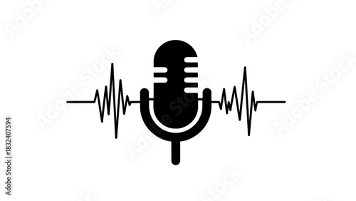 Vector illustration of black silhouette of a vintage microphone with an audio sound wave isolated on transparent background