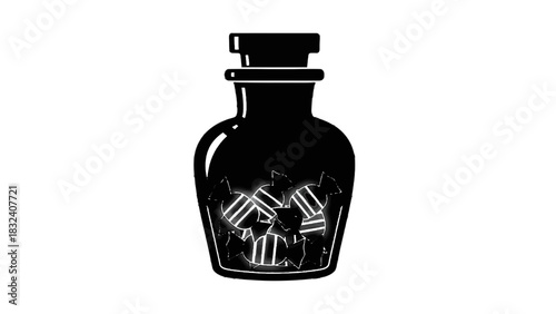 Vector illustration of black and white silhouette icon of a glass jar filled with wrapped candy, isolated on transparent background