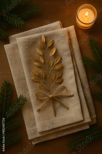 Festive Napkin Arrangement: An elegant composition of folded napkins adorned with a decorative golden branch and tied with rustic twine, complemented by a soft candle glow and evergreen sprigs.