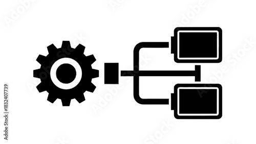 Vector illustration of black gear connected to two separate computer monitor screens in a process flow diagram isolated on transparent background
