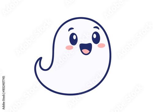 Cute white ghost character with wide eyes and blushing cheeks smiling happily on a black background flat design vector illustration